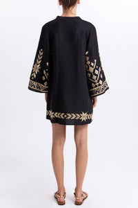 SHORT LINEN KAFTAN DRESS "IOS" BLACK/GOLD