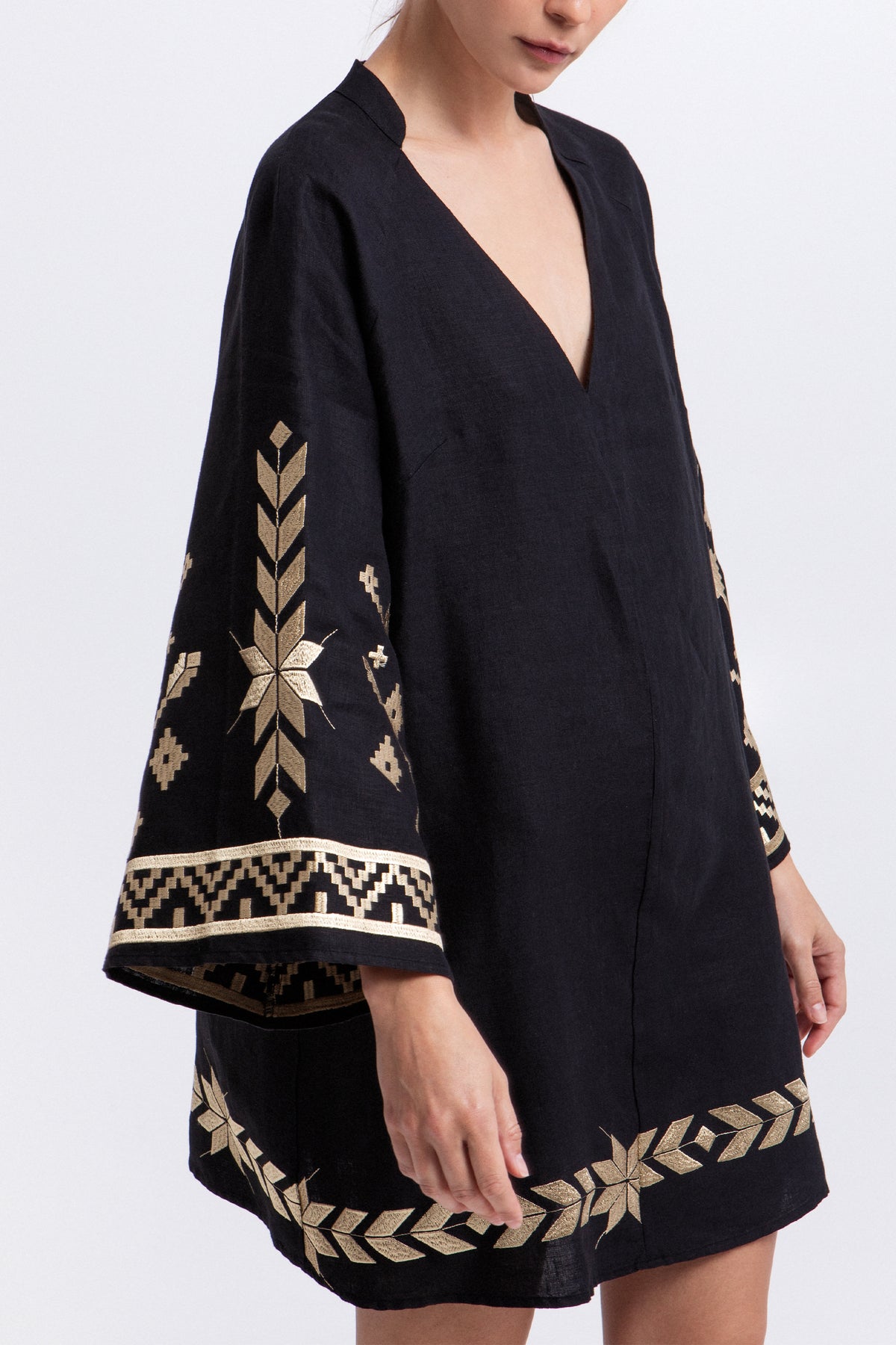 SHORT LINEN KAFTAN DRESS "IOS" BLACK/GOLD