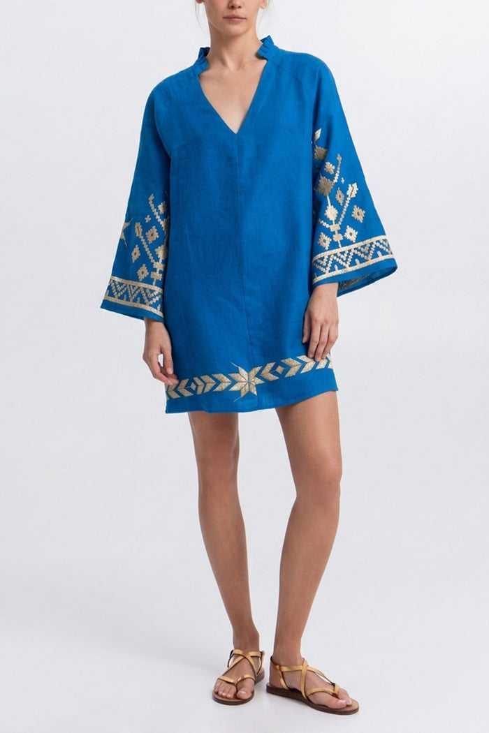 SHORT LINEN KAFTAN DRESS "IOS" BLUE RAF/GOLD