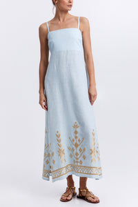 STRAPPY LINEN MIDI DRESS "IOS" CIEL/GOLD
