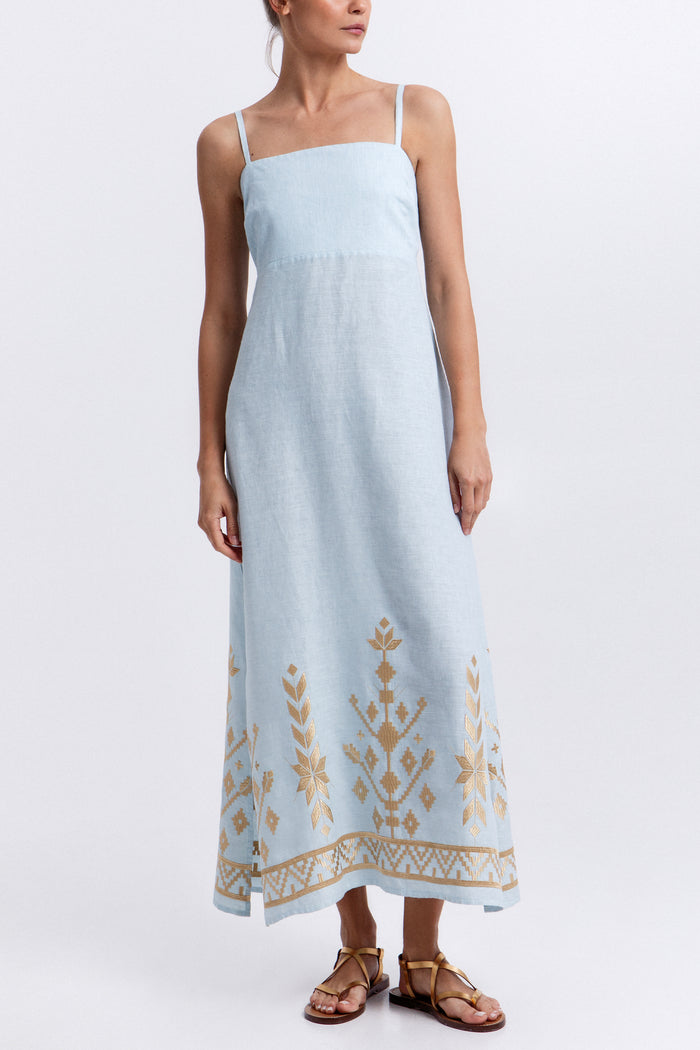 STRAPPY LINEN MIDI DRESS "IOS" CIEL/GOLD