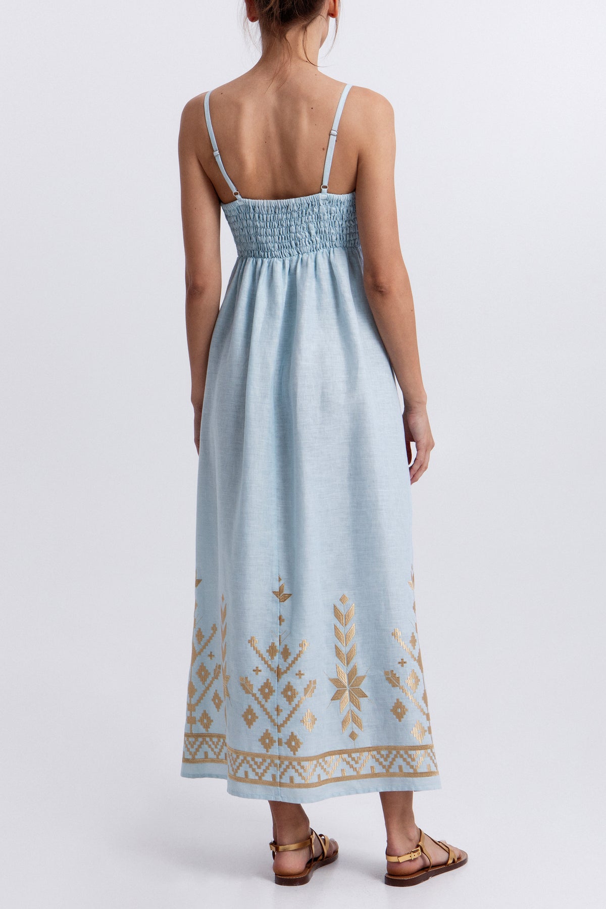 STRAPPY LINEN MIDI DRESS "IOS" CIEL/GOLD