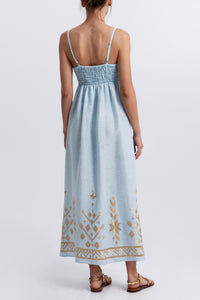 STRAPPY LINEN MIDI DRESS "IOS" CIEL/GOLD