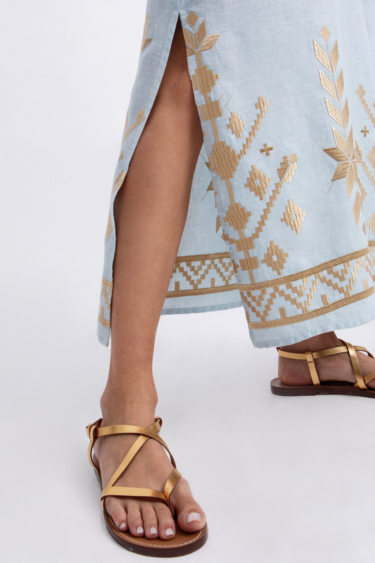 STRAPPY LINEN MIDI DRESS "IOS" CIEL/GOLD