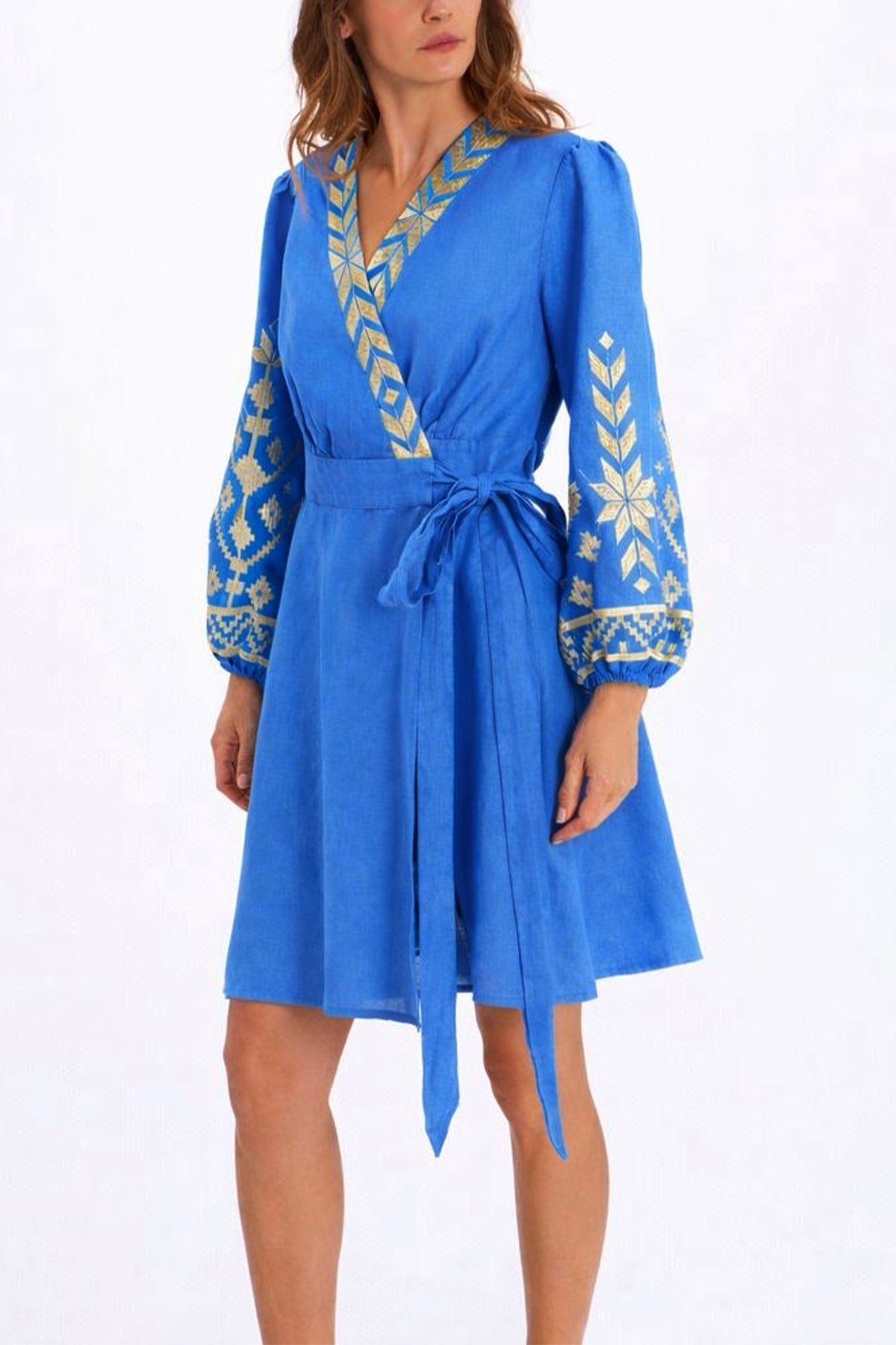 SHORT LINEN WRAP DRESS "IOS" BLUE RAF/GOLD