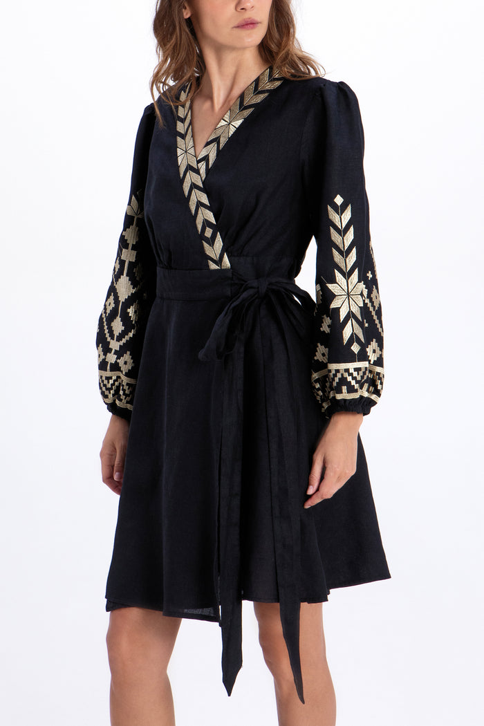 SHORT LINEN WRAP DRESS "IOS" BLACK/GOLD
