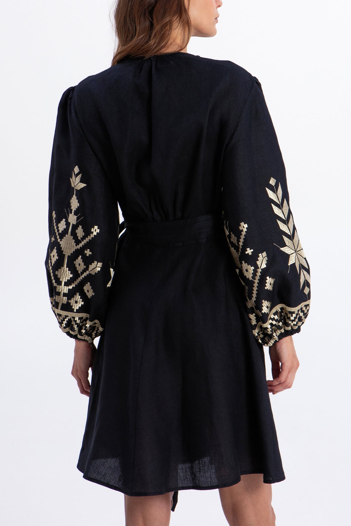 SHORT LINEN WRAP DRESS "IOS" BLACK/GOLD