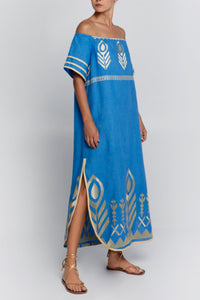 OFF SHOULDER LINEN DRESS "FEATHER" BLUE RAF/GOLD