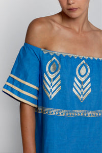 OFF SHOULDER LINEN DRESS "FEATHER" BLUE RAF/GOLD