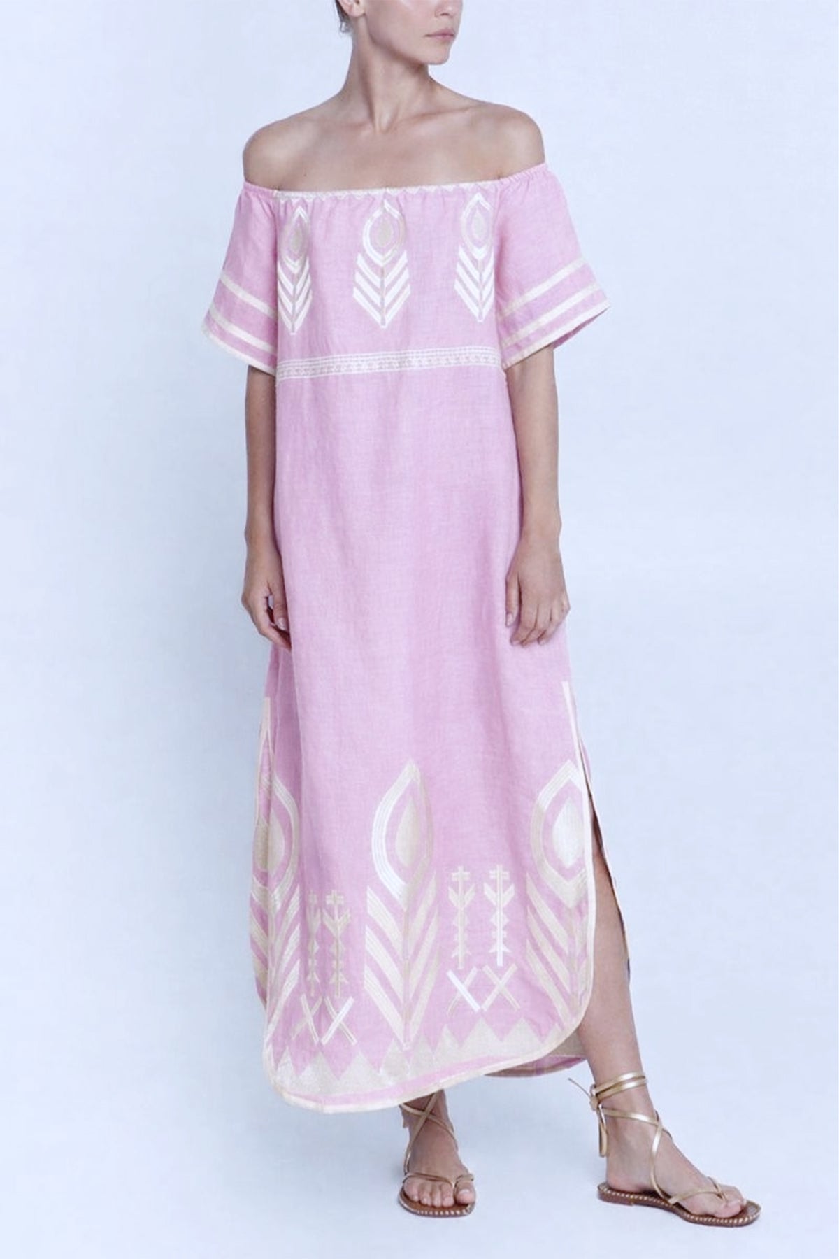 OFF SHOULDER LINEN DRESS "FEATHER" PINK/CHAMPAGNE