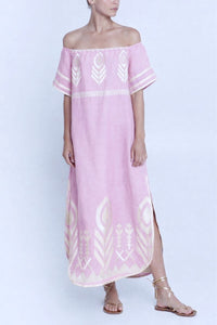 OFF SHOULDER LINEN DRESS "FEATHER" PINK/CHAMPAGNE