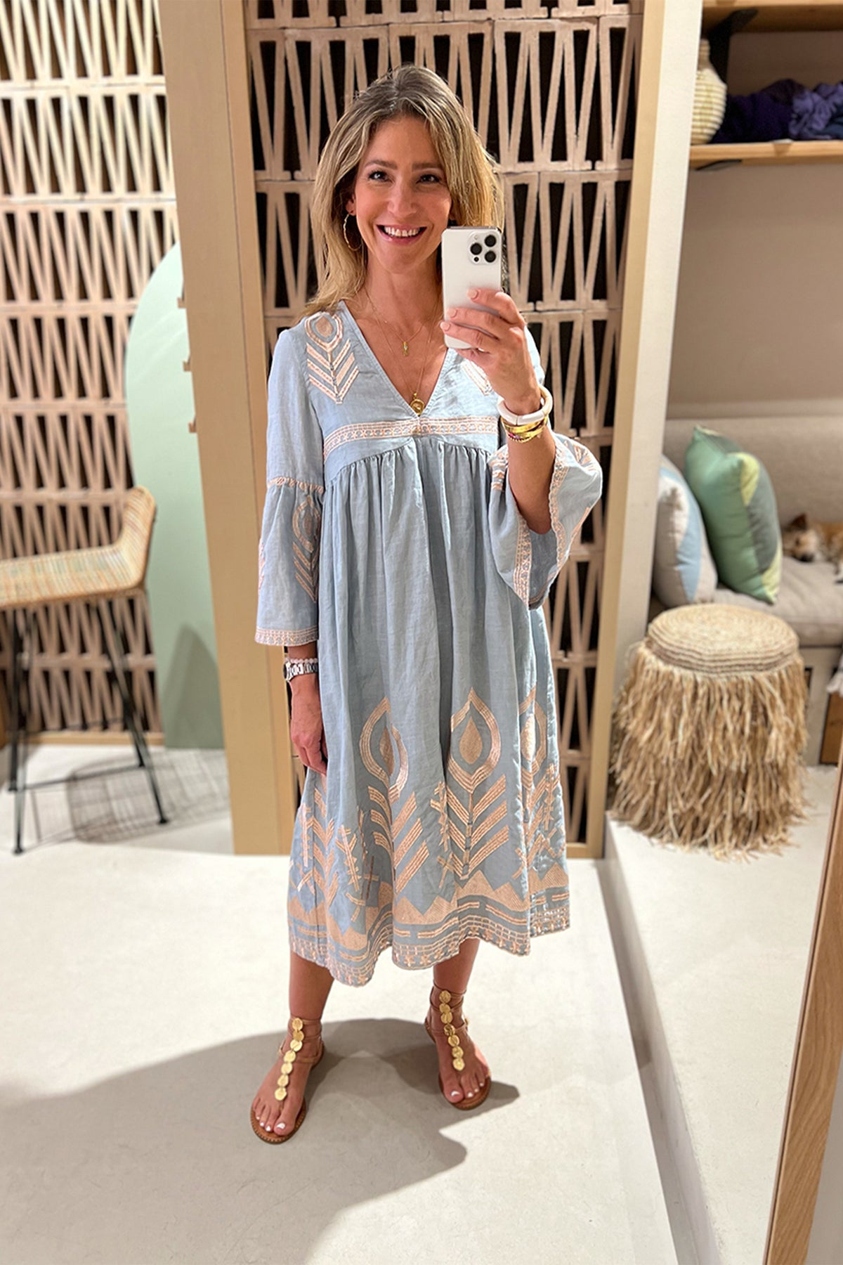 MIDI LINEN DRESS "FEATHER" LIGHT GREY/PINK