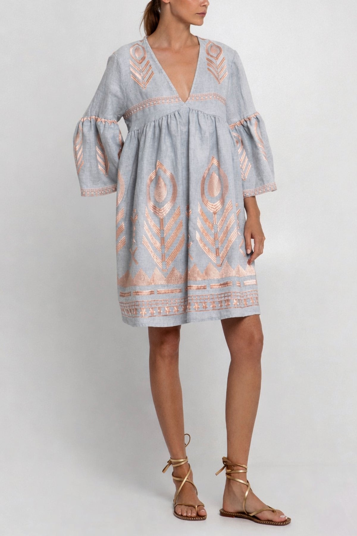 SHORT LINEN DRESS "FEATHER" LIGHT GREY/PINK