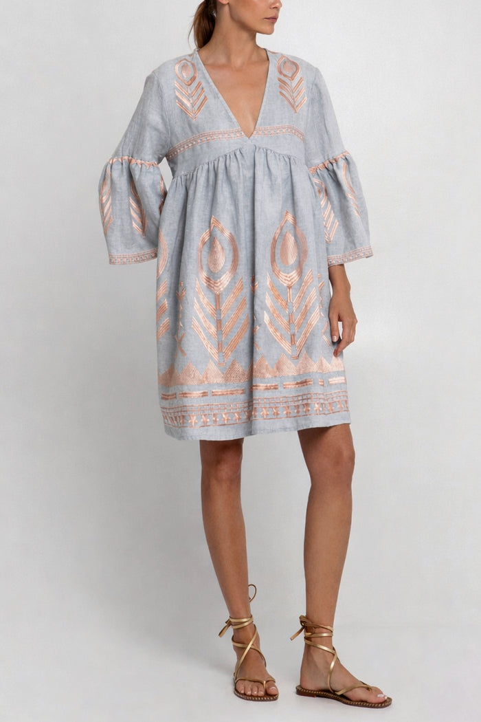 SHORT LINEN DRESS "FEATHER" LIGHT GREY/PINK