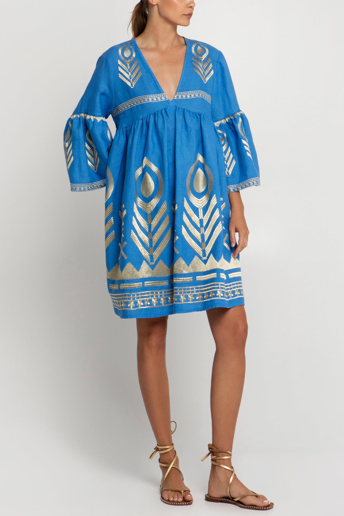 SHORT LINEN DRESS "FEATHER" BLUE RAF/GOLD