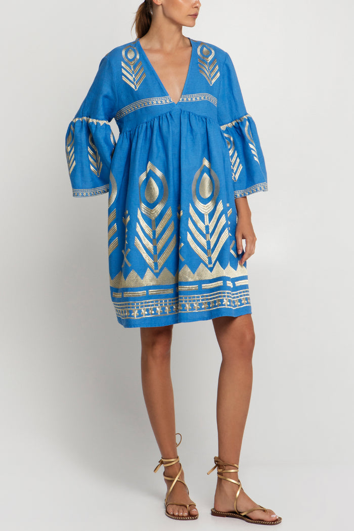 SHORT LINEN DRESS "FEATHER" BLUE RAF/GOLD