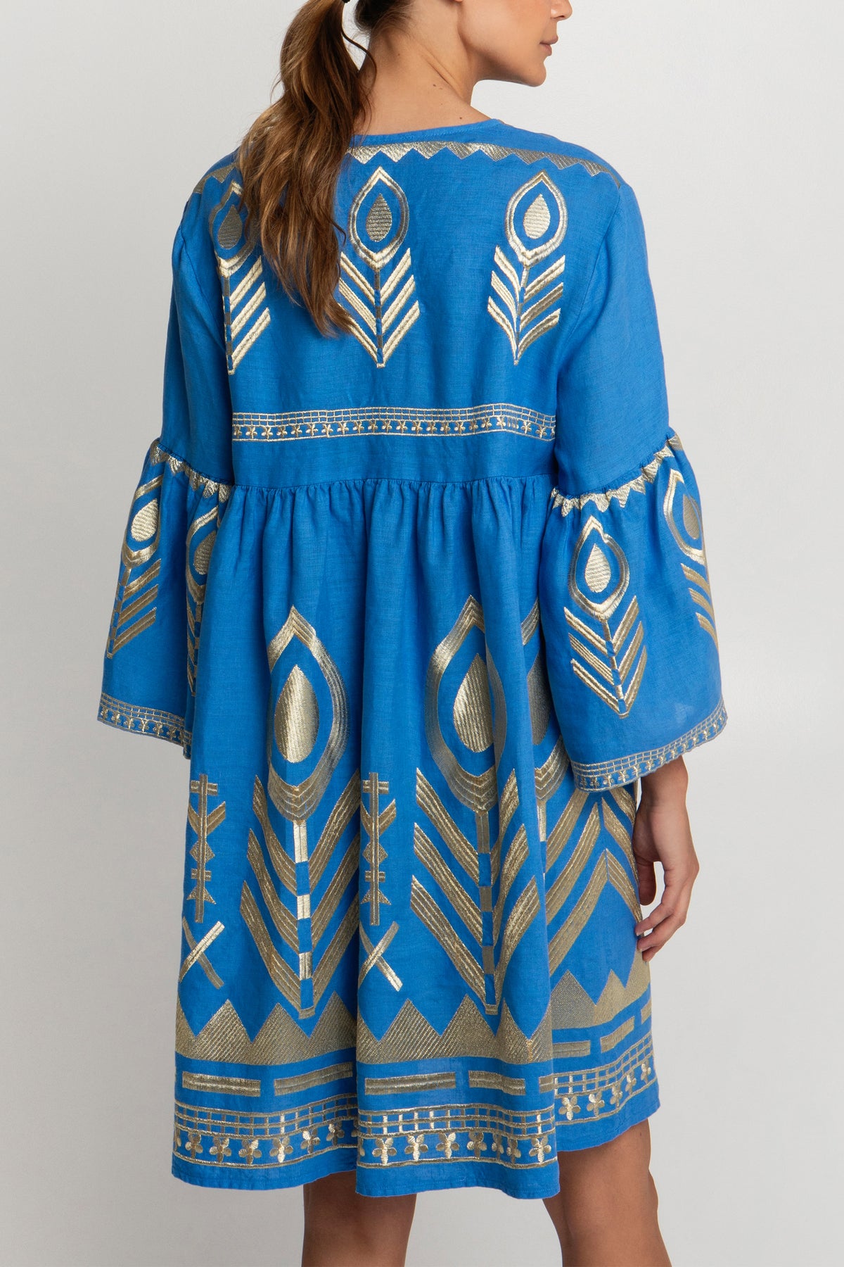 SHORT LINEN DRESS "FEATHER" BLUE RAF/GOLD