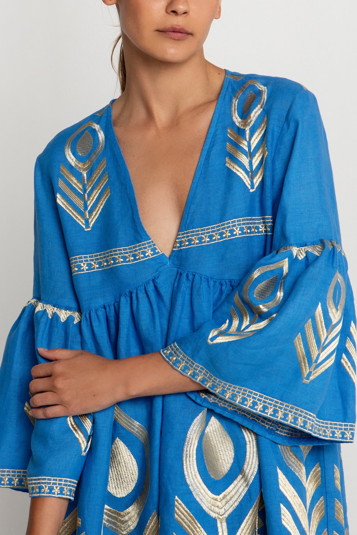 SHORT LINEN DRESS "FEATHER" BLUE RAF/GOLD