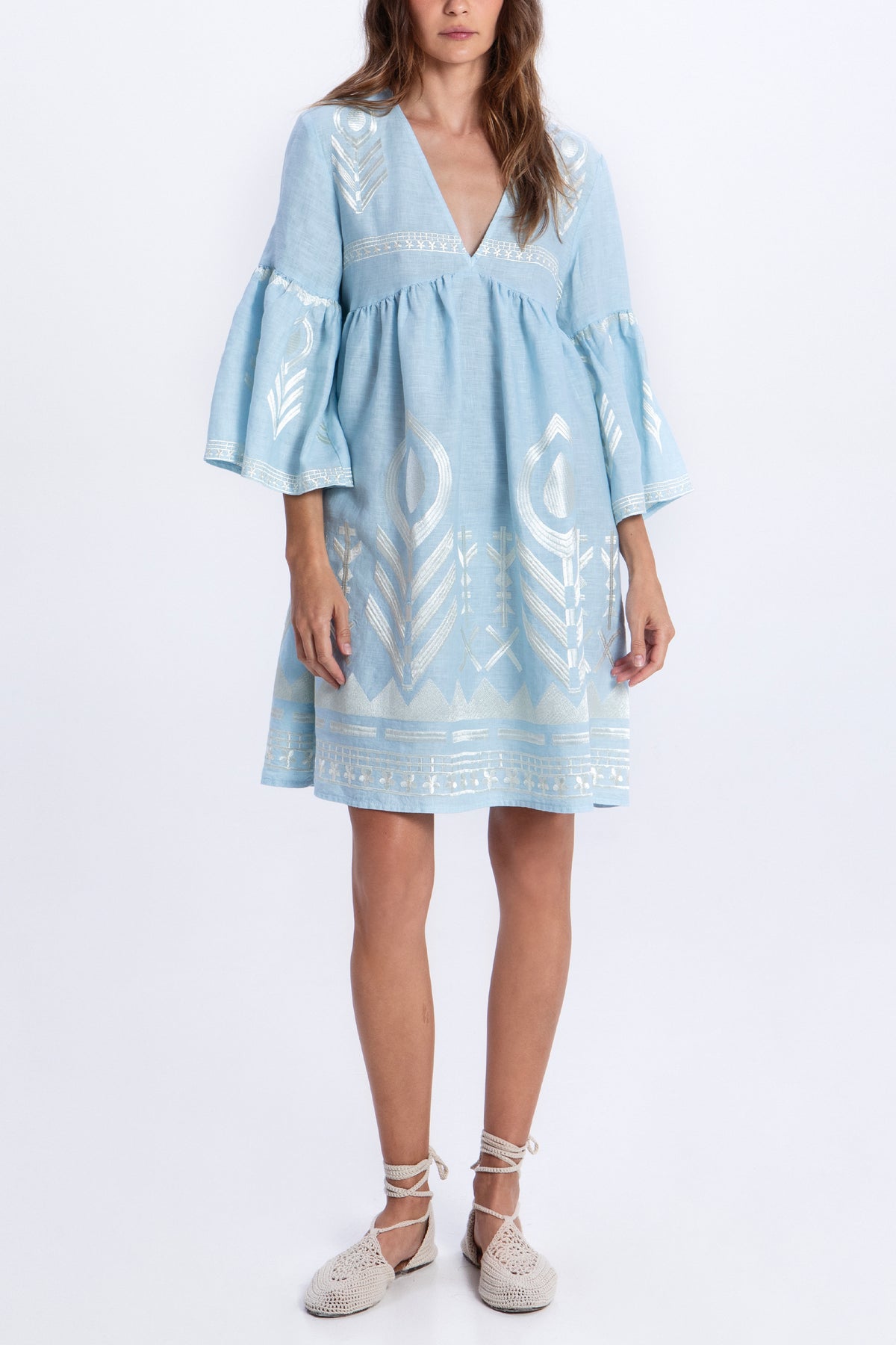 SHORT LINEN DRESS "FEATHER" CIEL/CHAMPAGNE