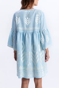 SHORT LINEN DRESS "FEATHER" CIEL/CHAMPAGNE