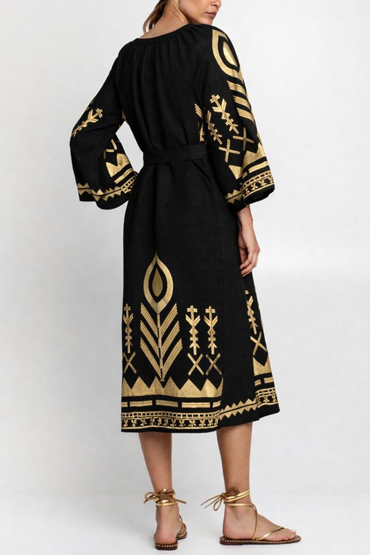 MIDI LINEN DRESS WITH BELL SLEEVES "FEATHER" BLACK/GOLD