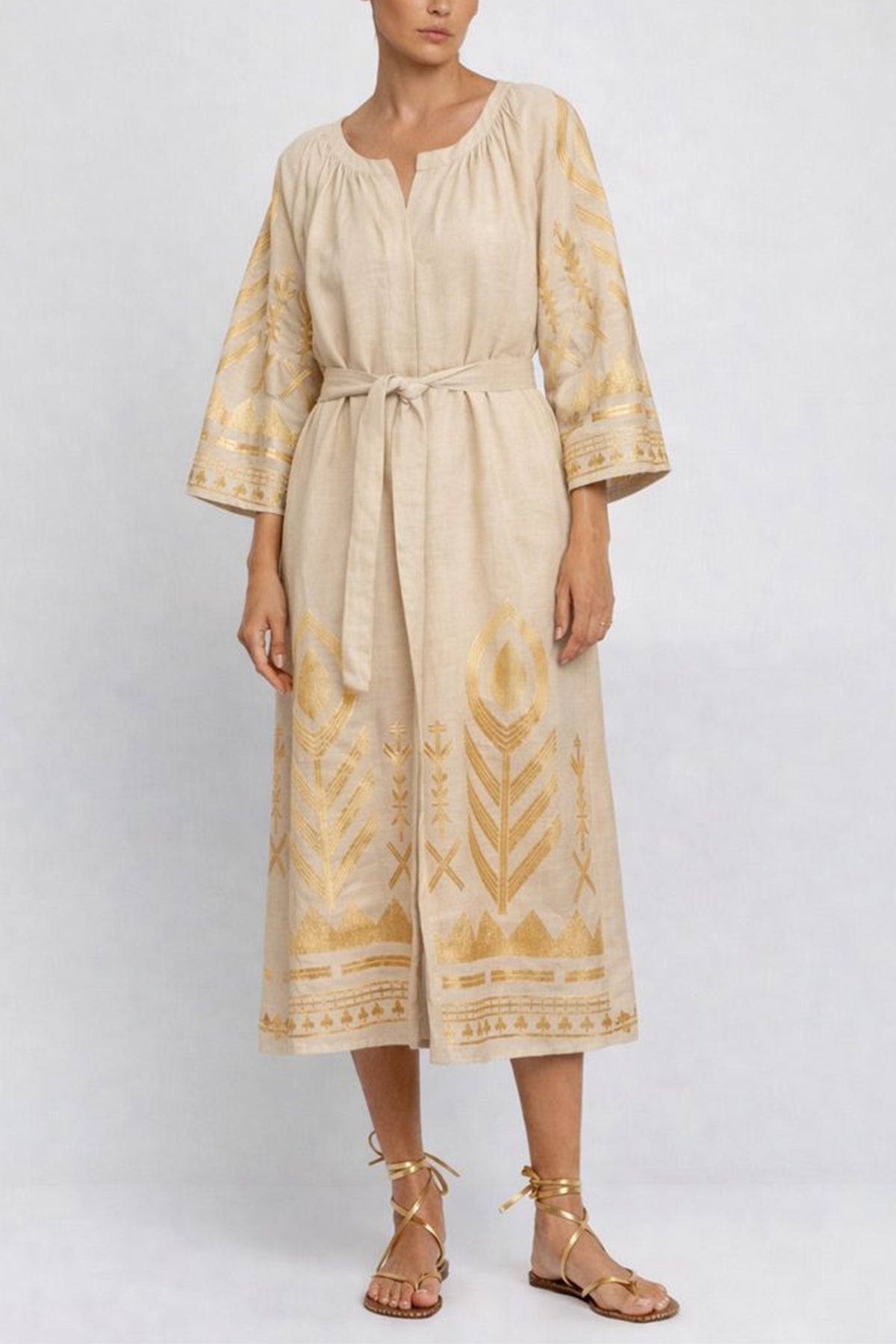 MIDI LINEN DRESS WITH BELL SLEEVES "FEATHER" BEIGE/GOLD