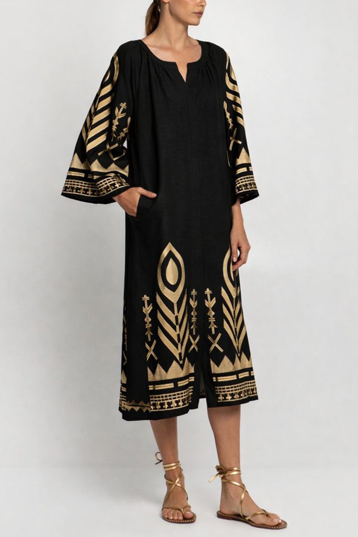 MIDI LINEN DRESS WITH BELL SLEEVES "FEATHER" BLACK/GOLD