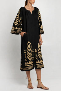 MIDI LINEN DRESS WITH BELL SLEEVES "FEATHER" BLACK/GOLD