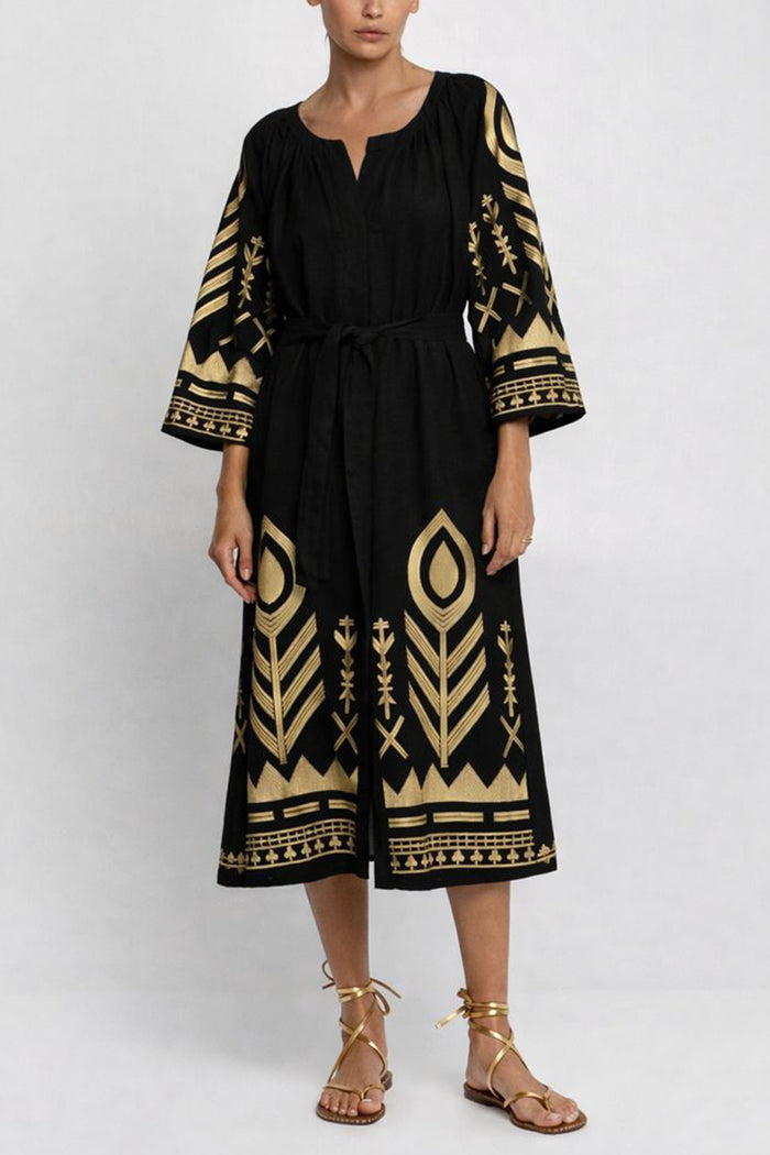 MIDI LINEN DRESS WITH BELL SLEEVES "FEATHER" BLACK/GOLD