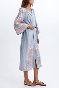 MIDI LINEN DRESS WITH BELL SLEEVES "FEATHER" LIGHT GREY/PINK