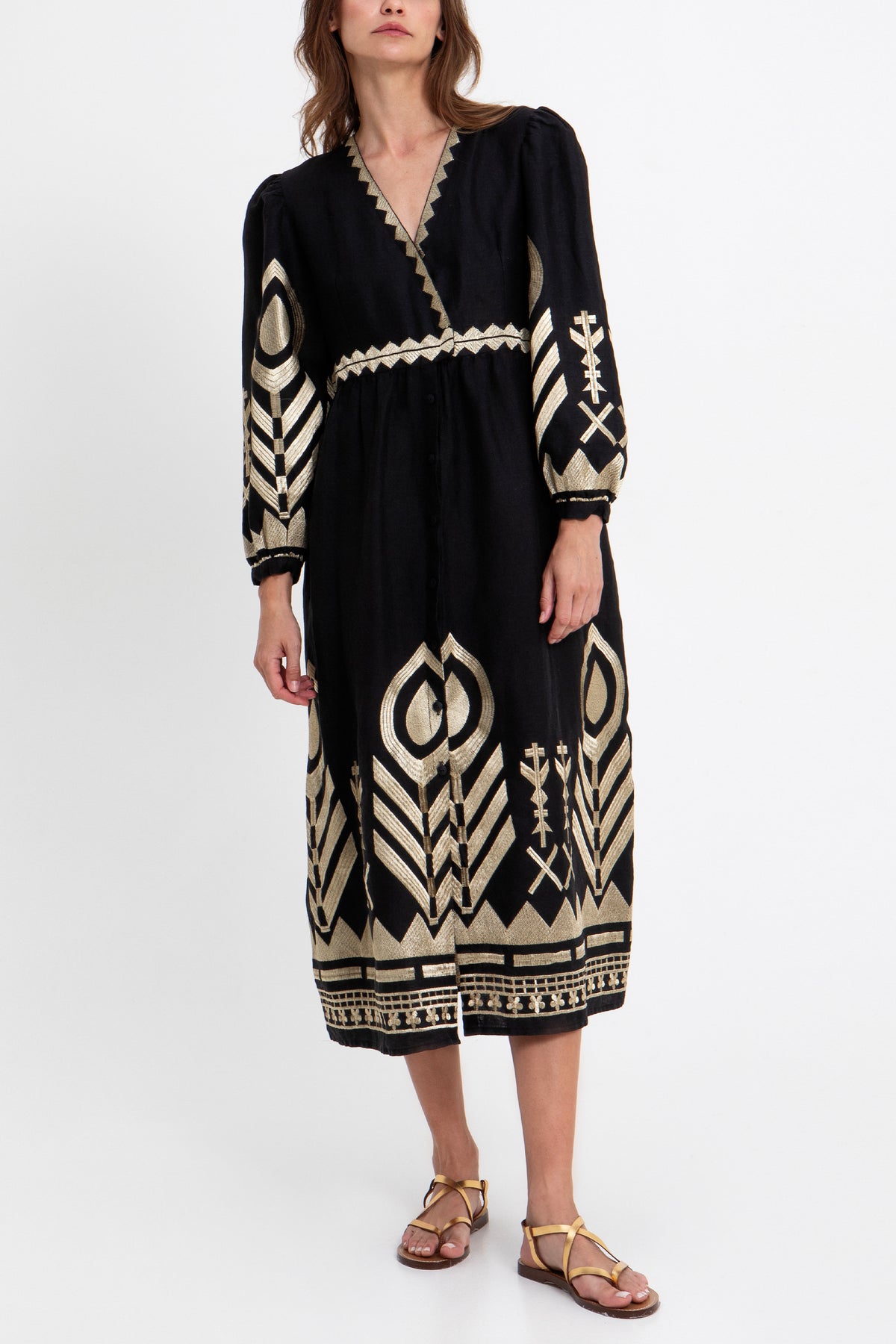 MIDI LINEN DRESS WITH V-NECK "FEATHER" BLACK/GOLD