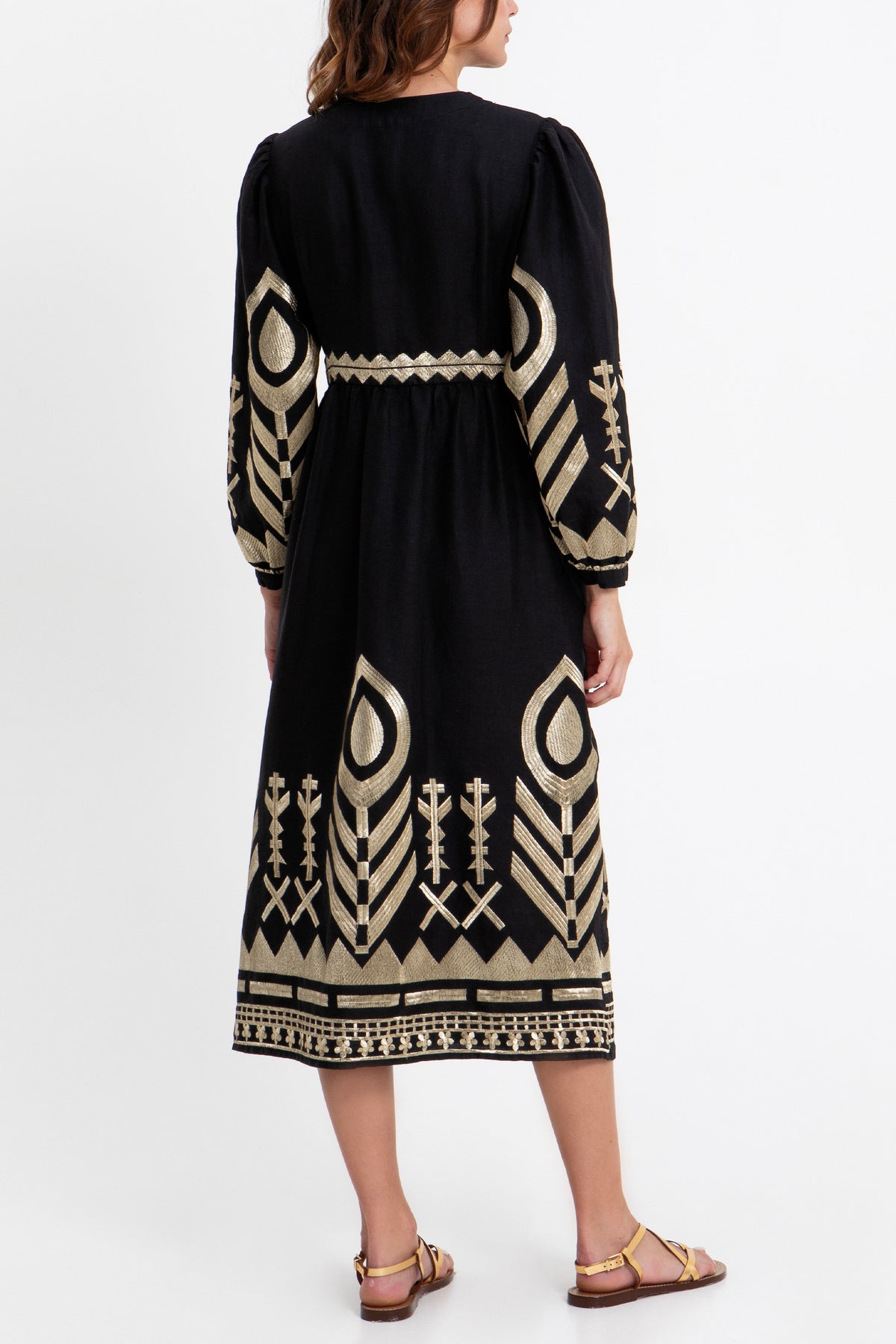 MIDI LINEN DRESS WITH V-NECK "FEATHER" BLACK/GOLD