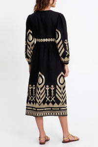 MIDI LINEN DRESS WITH V-NECK "FEATHER" BLACK/GOLD