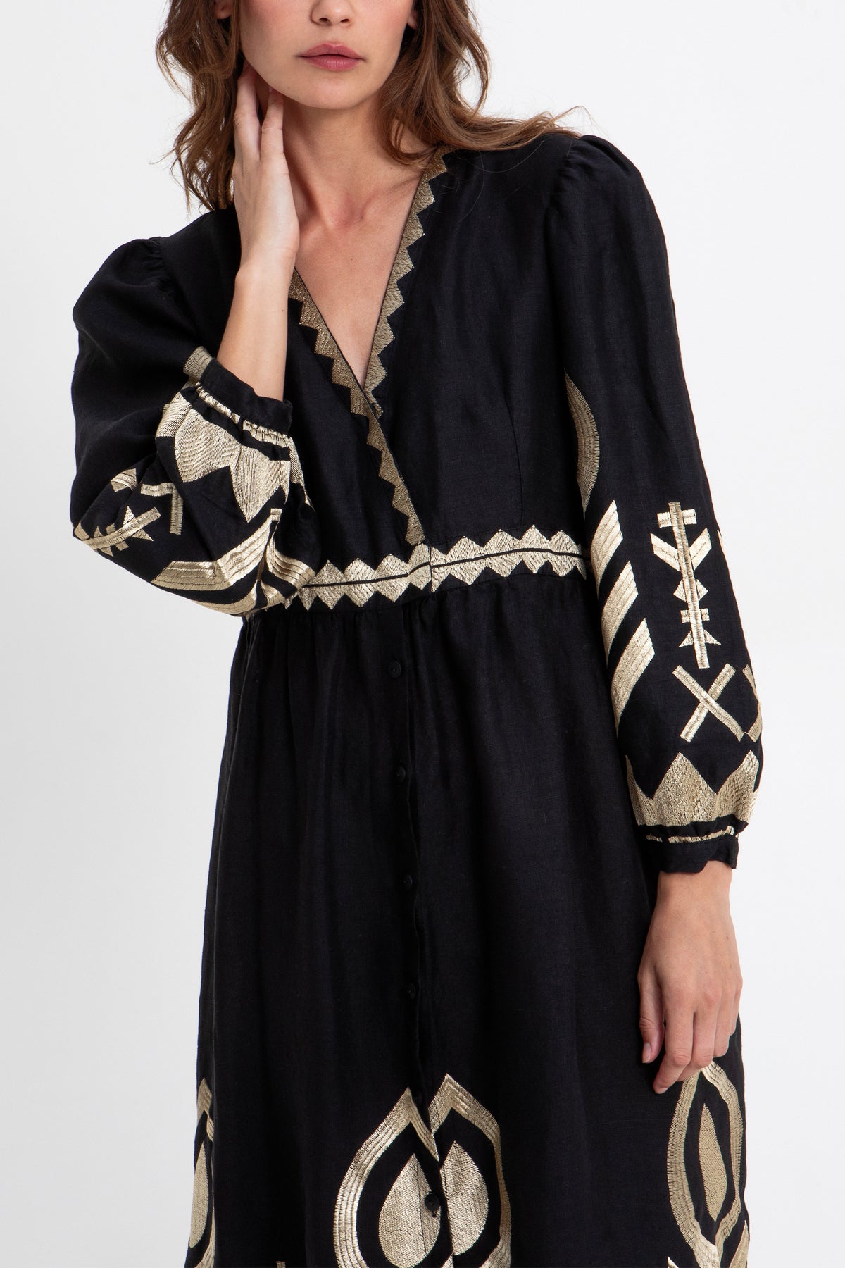 MIDI LINEN DRESS WITH V-NECK "FEATHER" BLACK/GOLD