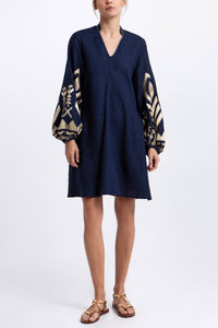 SHORT LINEN DRESS WITH BALLON SLEEVES "FEATHER" NAVY/GOLD
