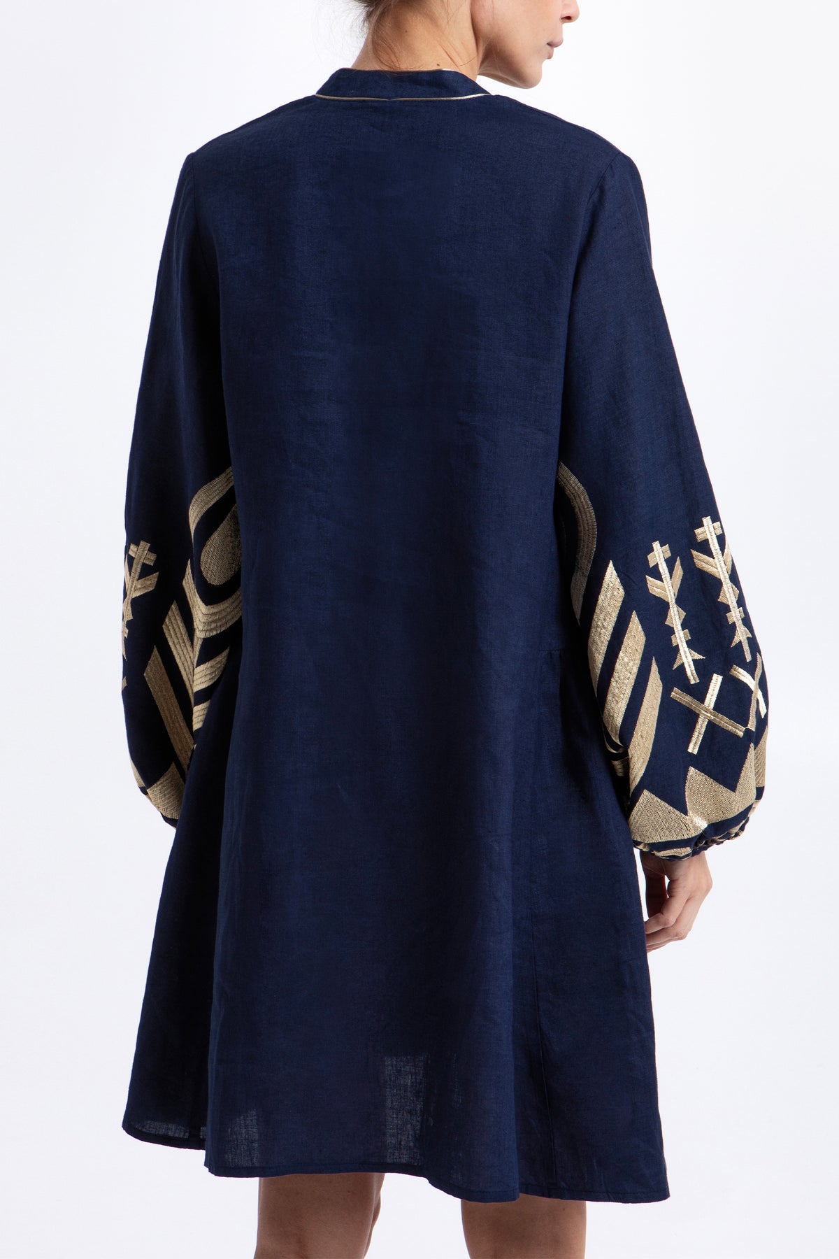 SHORT LINEN DRESS WITH BALLON SLEEVES "FEATHER" NAVY/GOLD