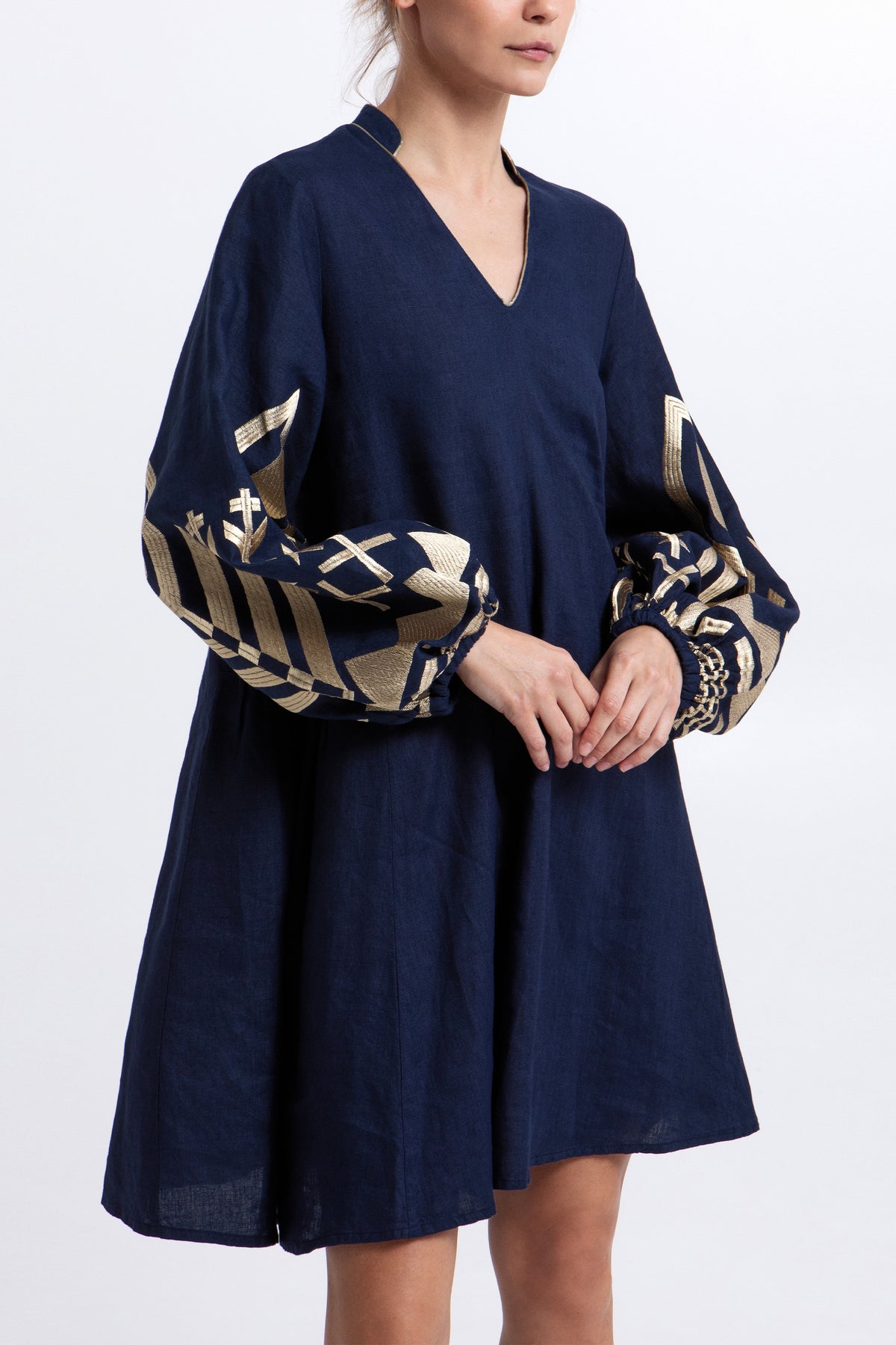 SHORT LINEN DRESS WITH BALLON SLEEVES "FEATHER" NAVY/GOLD