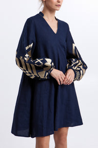 SHORT LINEN DRESS WITH BALLON SLEEVES "FEATHER" NAVY/GOLD