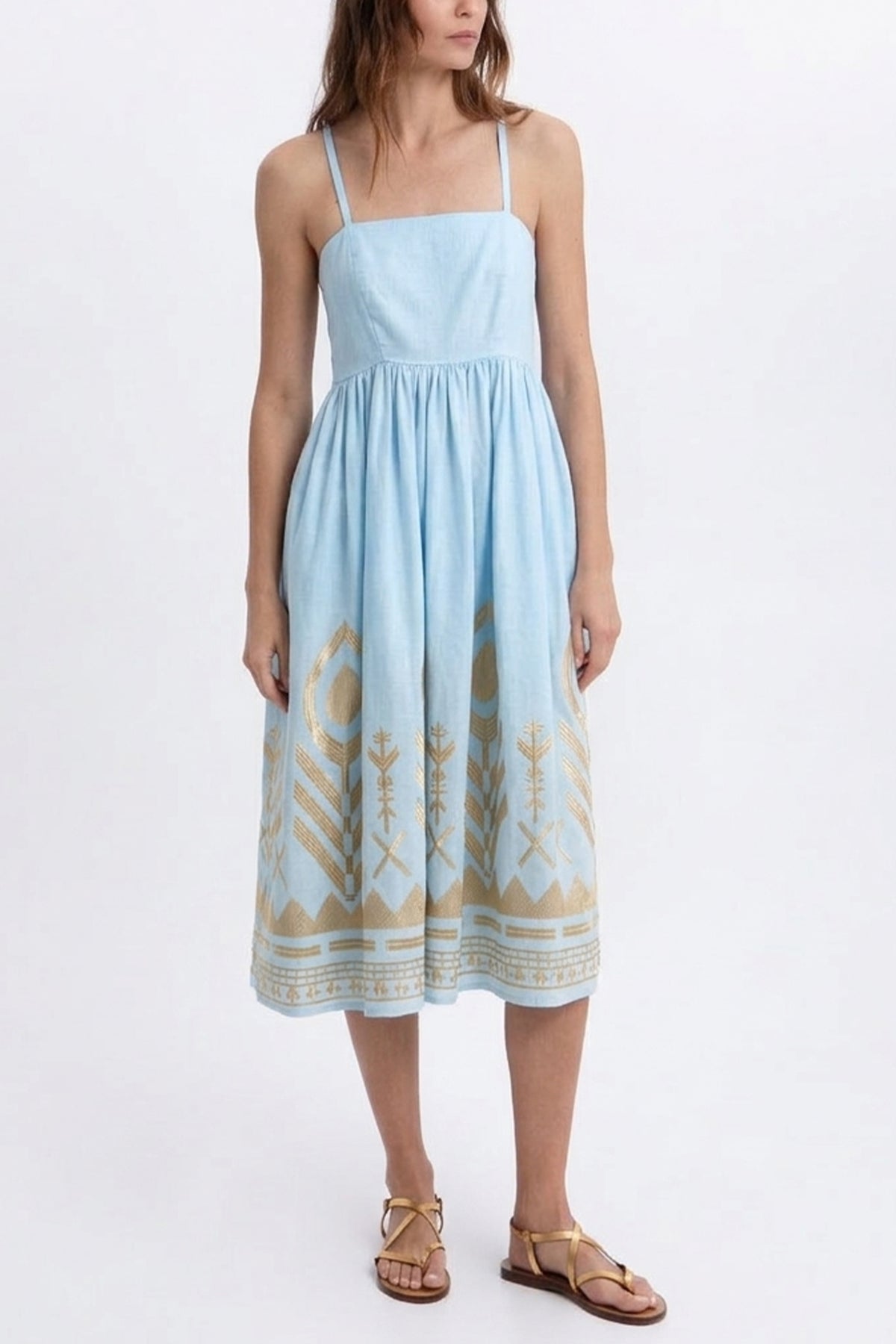 MIDI STRAPPY LINEN DRESS "FEATHER" CIEL/GOLD