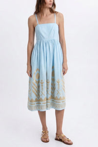 MIDI STRAPPY LINEN DRESS "FEATHER" CIEL/GOLD
