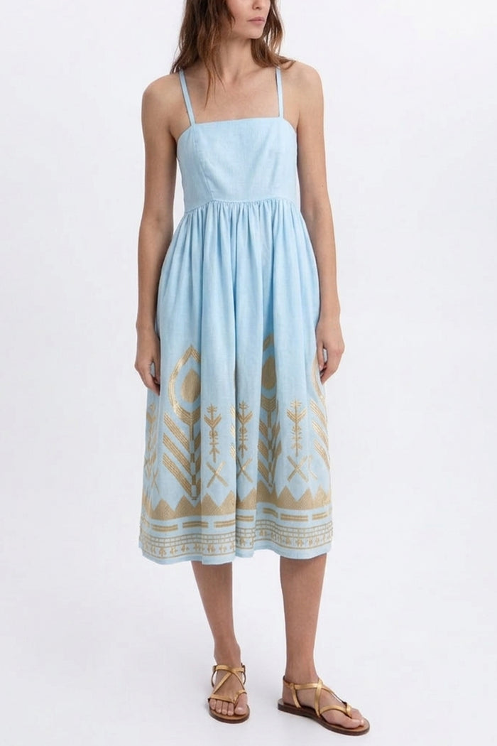 MIDI STRAPPY LINEN DRESS "FEATHER" CIEL/GOLD