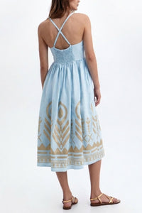 MIDI STRAPPY LINEN DRESS "FEATHER" CIEL/GOLD