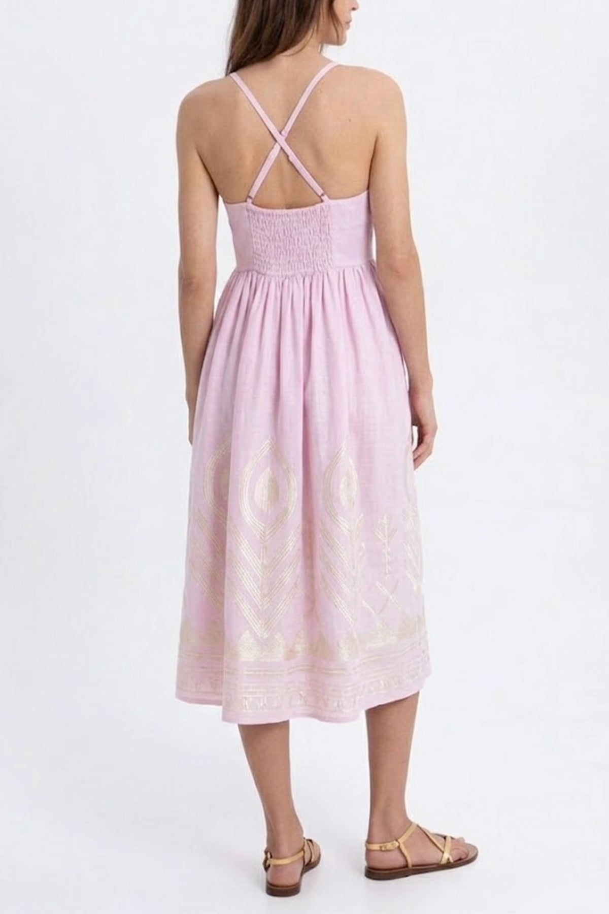 MIDI STRAPPY LINEN DRESS "FEATHER" PINK/CHAMPAGNE