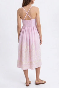 MIDI STRAPPY LINEN DRESS "FEATHER" PINK/CHAMPAGNE