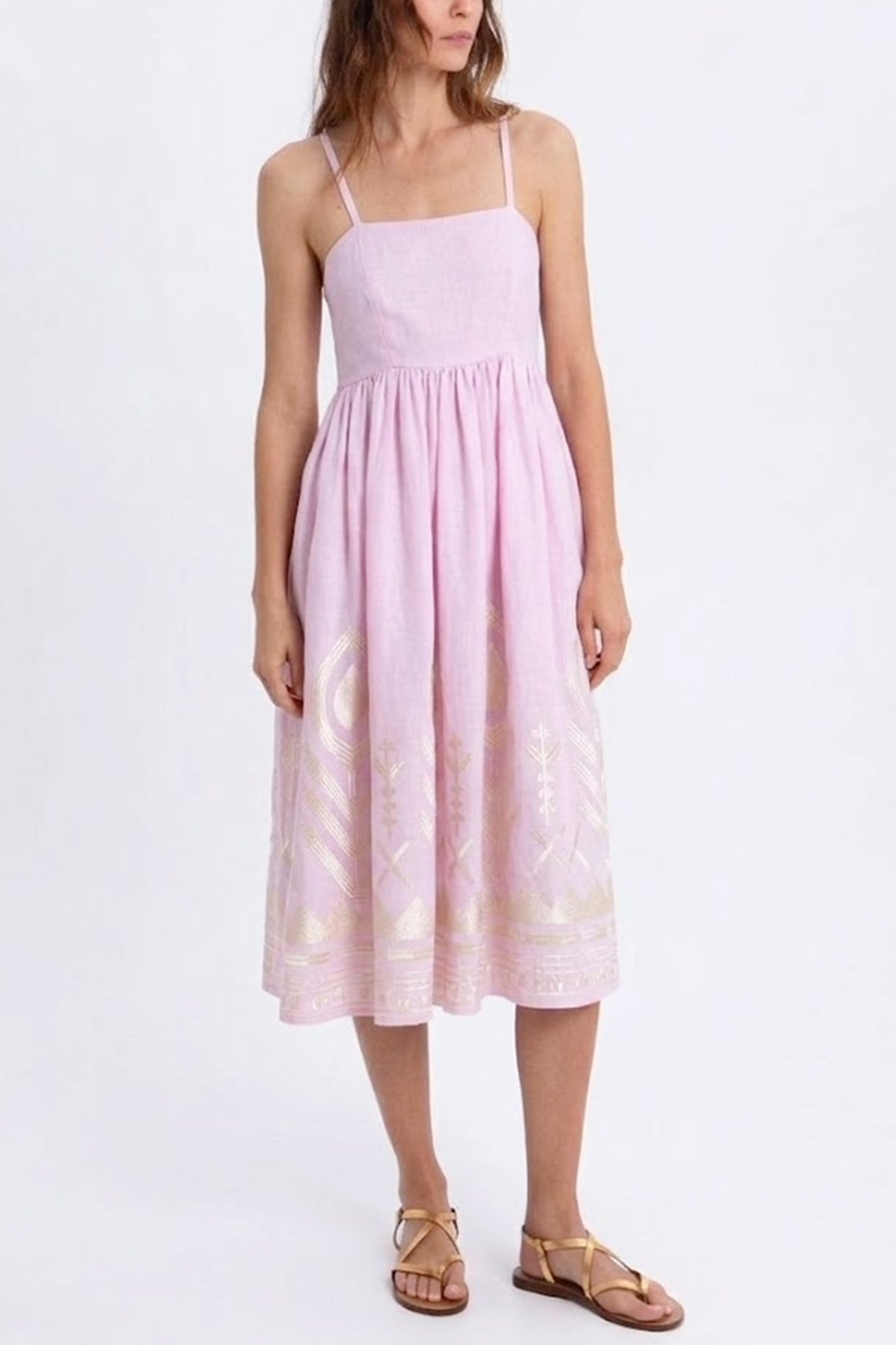 MIDI STRAPPY LINEN DRESS "FEATHER" PINK/CHAMPAGNE