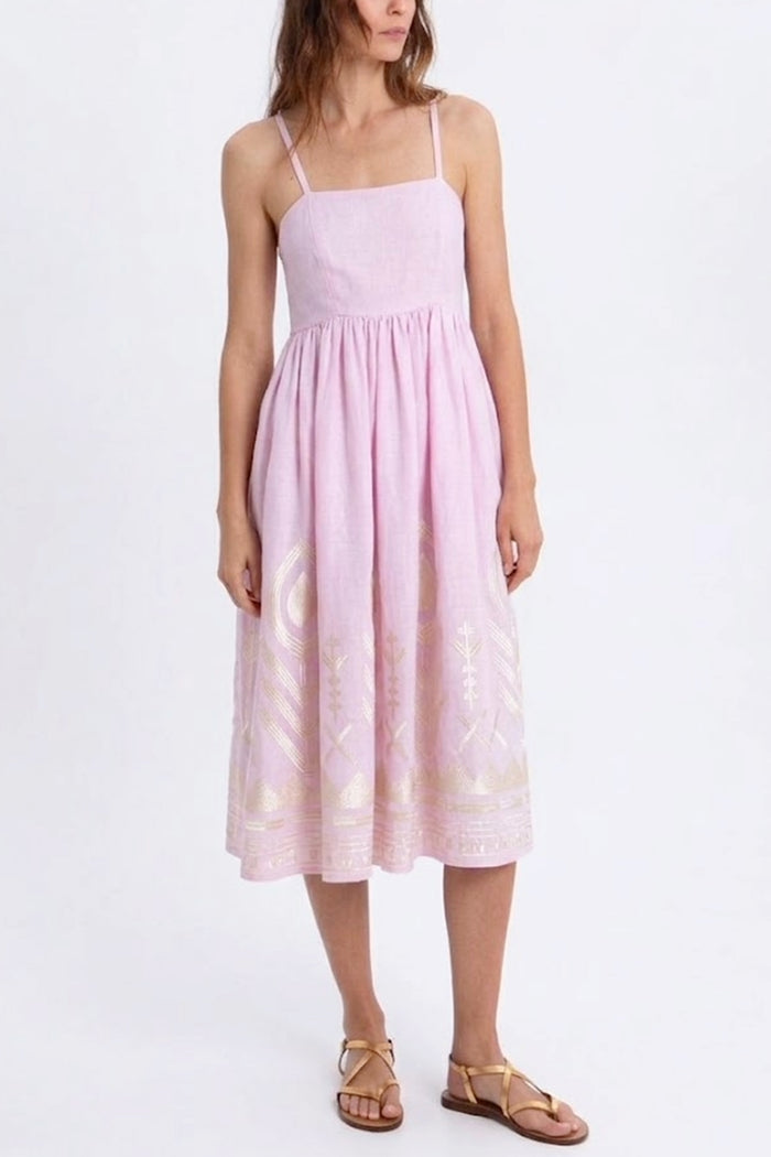 MIDI STRAPPY LINEN DRESS "FEATHER" PINK/CHAMPAGNE