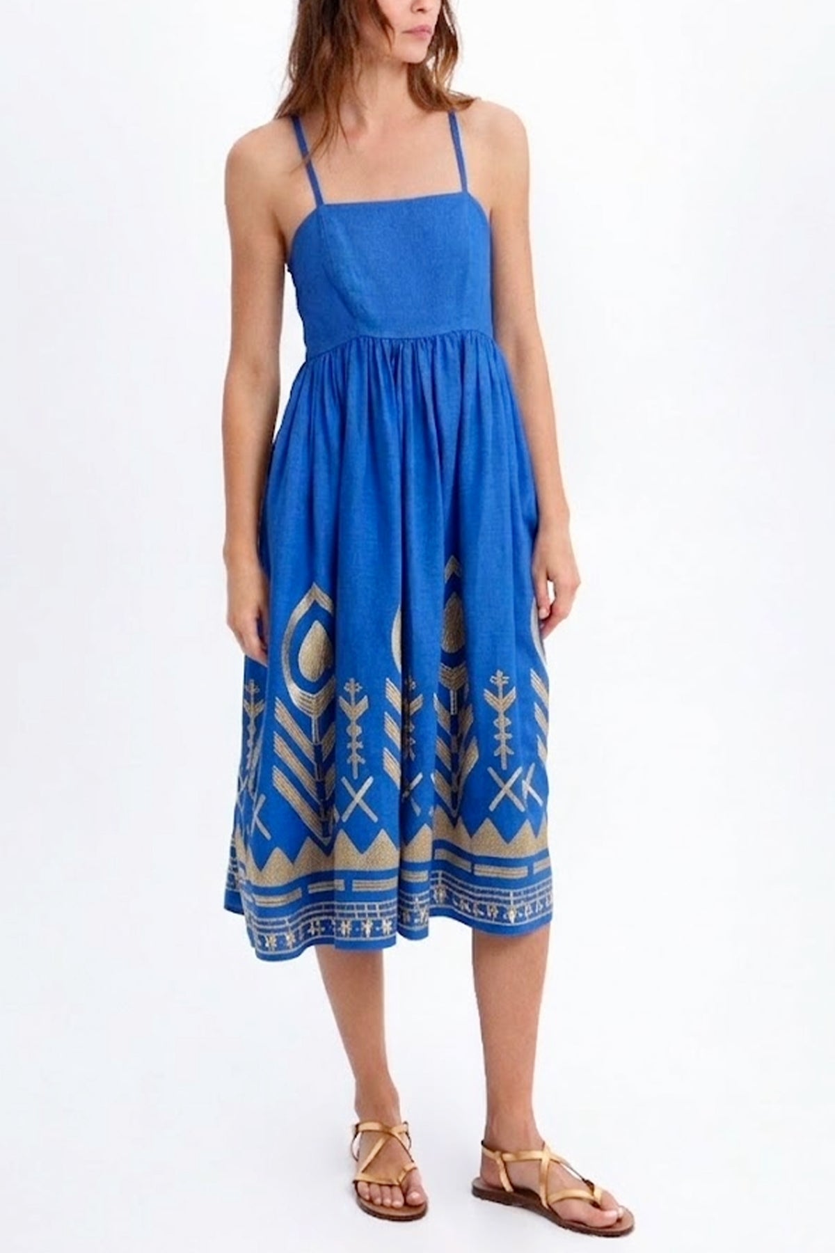 MIDI STRAPPY LINEN DRESS "FEATHER" BLUE RAF/GOLD