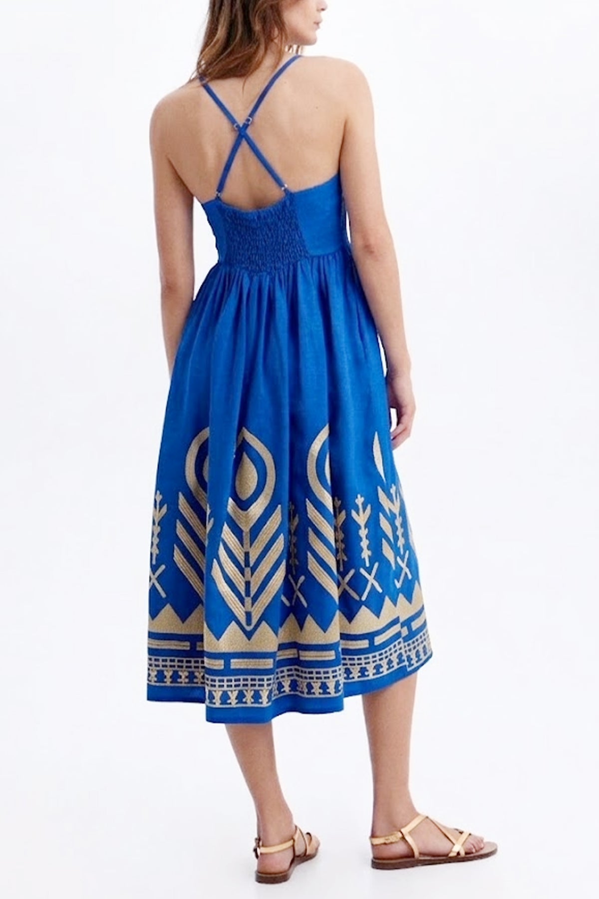MIDI STRAPPY LINEN DRESS "FEATHER" BLUE RAF/GOLD