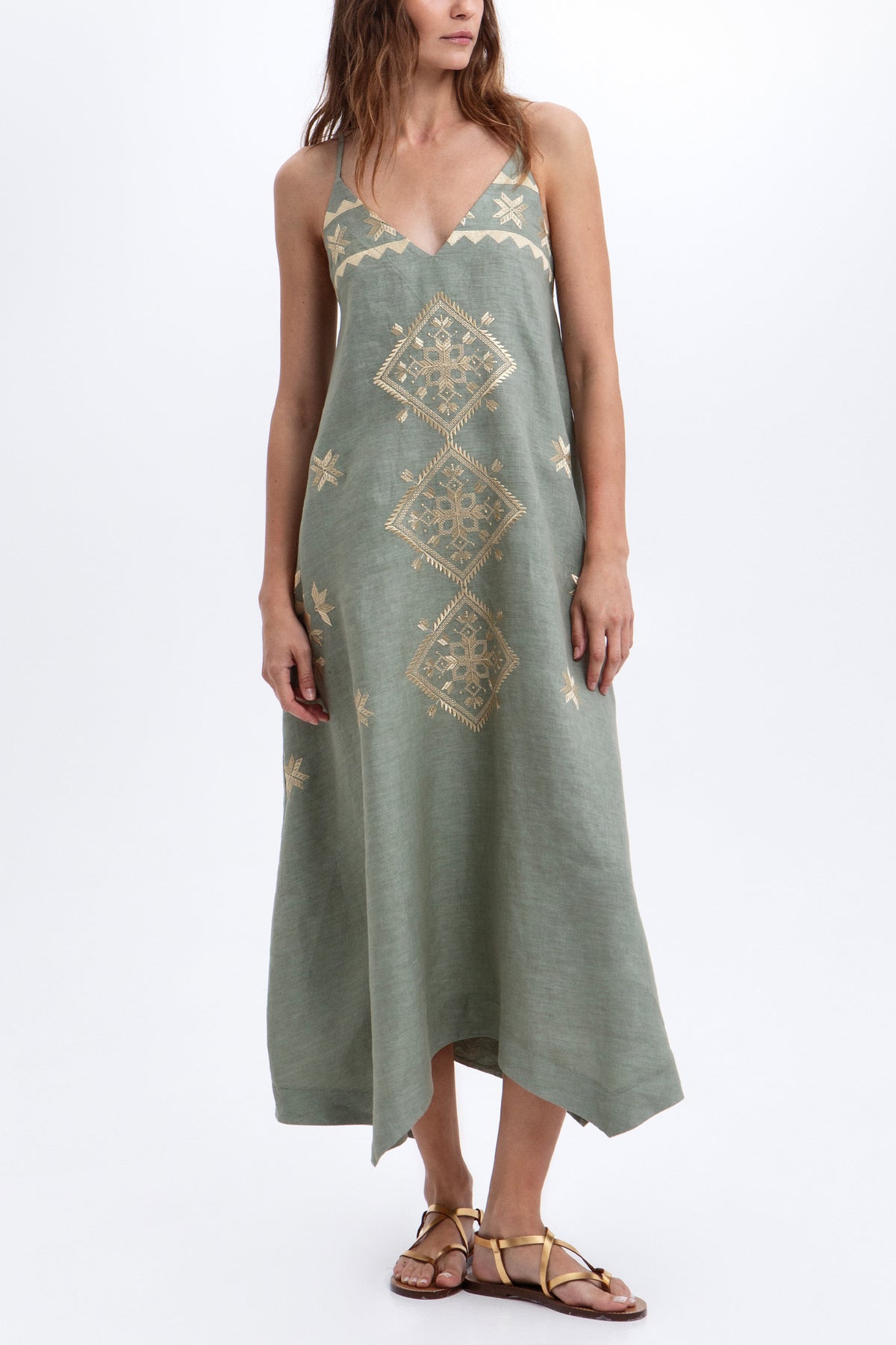 STRAPPY LINEN DRESS "LEFKADA" SAGE/GOLD