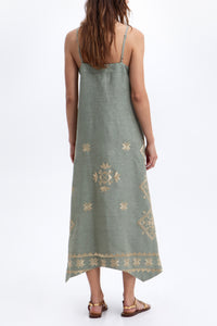 STRAPPY LINEN DRESS "LEFKADA" SAGE/GOLD